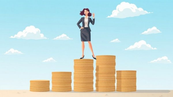 Illustrative businesswoman climbing financial ladder on coin stacks, minimalist.