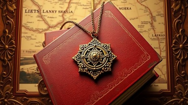 Antique book cover with pendant and map for historical fiction mystery.
