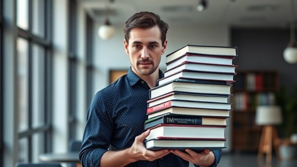 Person holding stack of hardcover books in a modern setting, New York Times Best Books 2025.