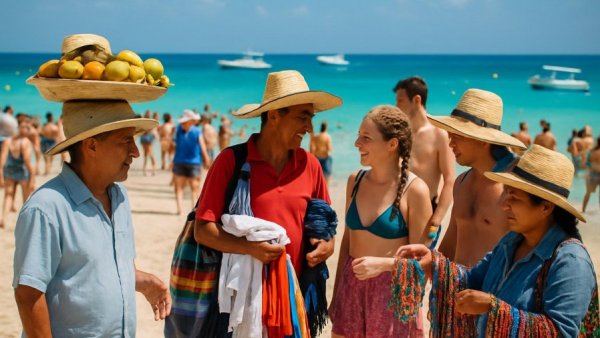 Beach vendors at Los Cabos offering hats with ocean and boats, sunny day.