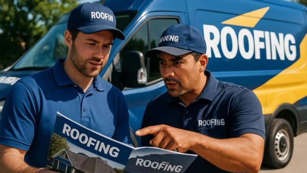 Men discussing roof financing options in front of branded truck.