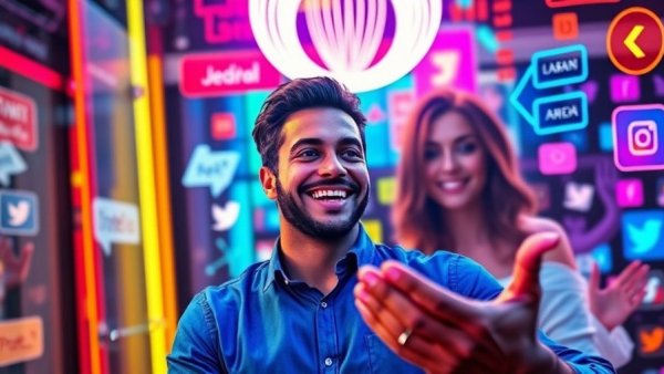 Colorful digital collage with man and social media elements.