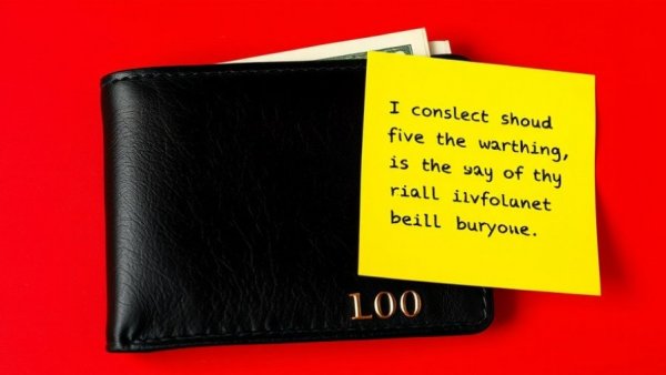 Wallet with cash and yellow sticky note on red background.