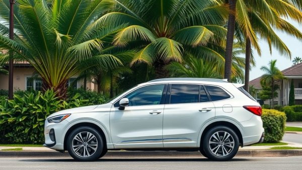 Sleek white SUV parked near tropical plants for Cabo fishing charter transportation.