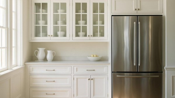 Contemporary kitchen cabinets with a classic bent, glass doors, and sleek appliances.