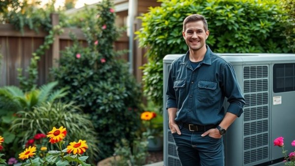 Field Service Management HVAC Solutions technician with HVAC unit in garden.