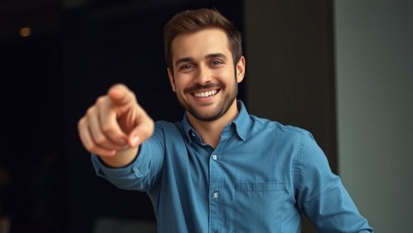 Smiling man pointing, discussing Investment Trends Origins, indoor setting.