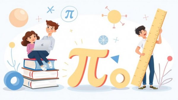 Educational cartoon scene with people interacting with math symbols.