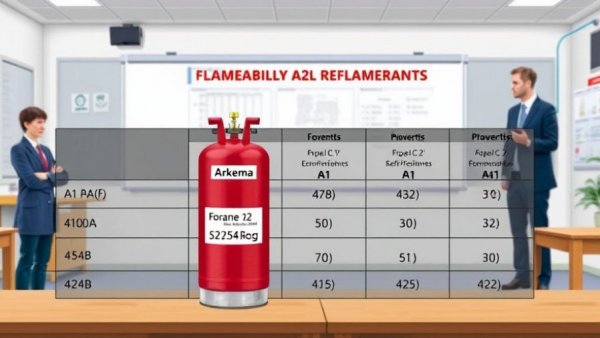 Detailed A1 vs A2L refrigerant flammability chart with cylinder images.