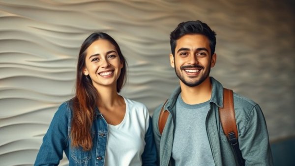 Smiling individuals in front of a textured wall for Yoodli AI communication training.
