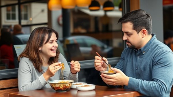 Casual couple enjoying ramen at outdoor cafe discussing business growth capital.