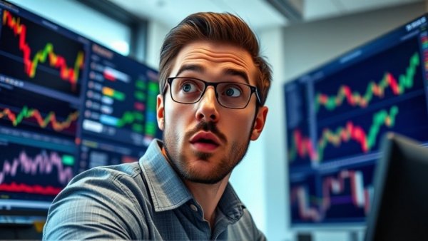 Focused man surprised by Nvidia stock predictions on screens.