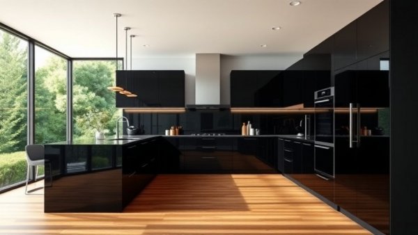 Modern sleek black kitchen showcasing 2025 design trend.