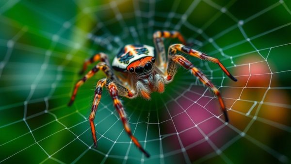 Vibrant Joro spider on web in garden setting.