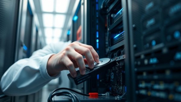 Technician installing a server hard drive in data center, D-Wave Quantum U.S. Government Unit.