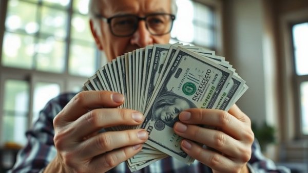 Older man displaying substantial savings in retirement, fanned money stack.