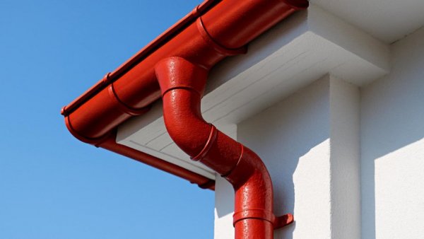 Red rain gutter on white house against blue sky.