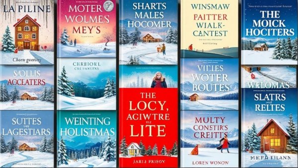 Collage of book covers set in snowy places, featuring winter themes.