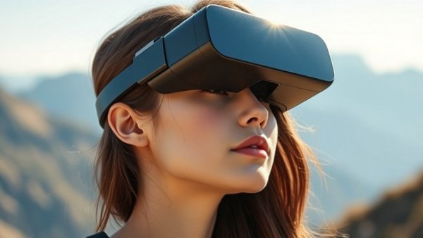 Young woman with Google Android XR smart glasses in the mountains.