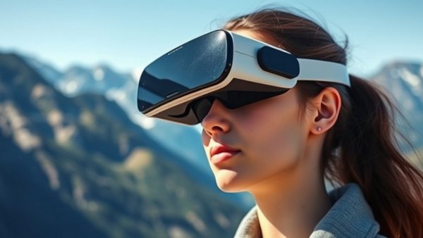 Woman wearing Android XR smart glasses against mountain backdrop.