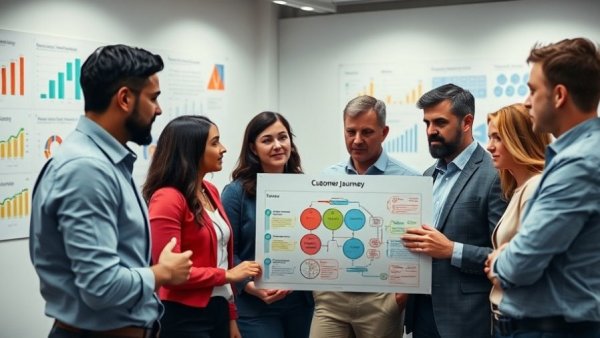 Professionals discuss how to create a B2B customer journey map in a modern office setting.