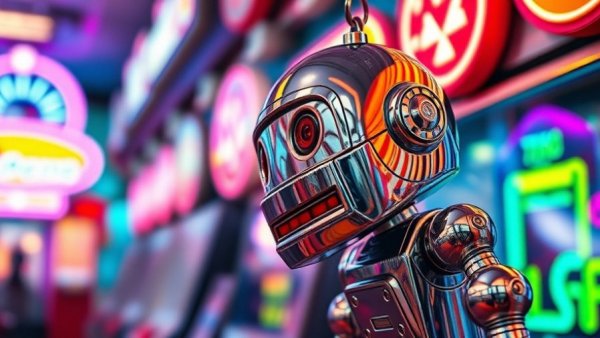 Shiny silver robot toy in an arcade with neon lights, business growth capital.