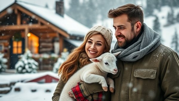 A Christmas Romance movie cover with smiling woman and man by a cabin.
