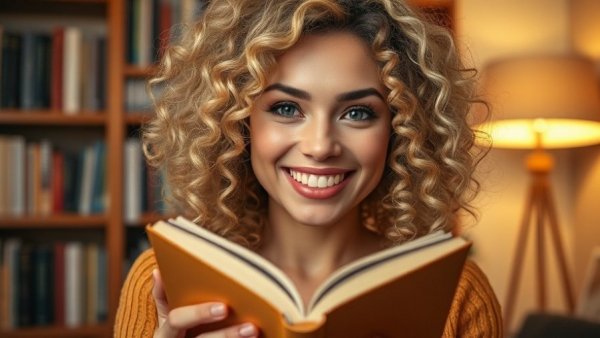 Smiling woman holding book in cozy setting, most-read book of 2025