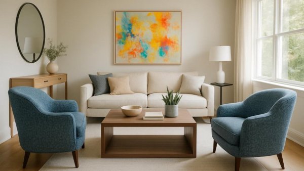 Modern living room with blue patterned chairs and artistic decor.
