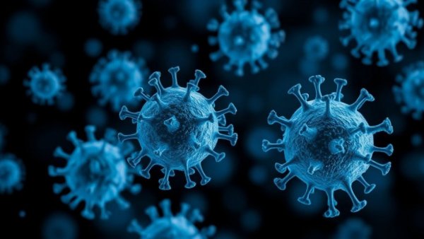 Microscopic view of RSV virus particles in blue tones.