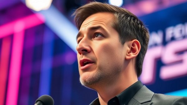 Tech event speaker discussing Nvidia AI chip market disruption on stage.