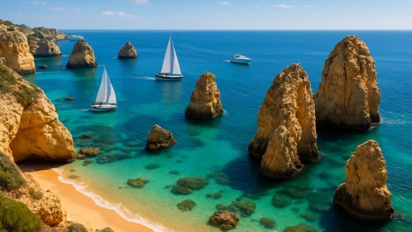 Stunning view of Los Cabos coastline with rocky formations and boats near the newest hotels.