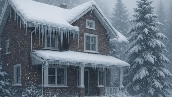 Icicles on gutter indicating signs of gutter damage in winter.