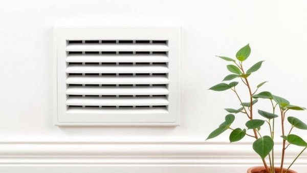 White wall heat vent with nearby plant in clean modern setting.