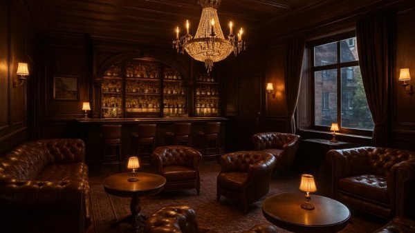 Speakeasy lounge design with leather seats and chandelier.