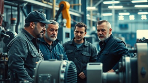 Machinists in factory discussing machinery for hiring guide in Groton CT.