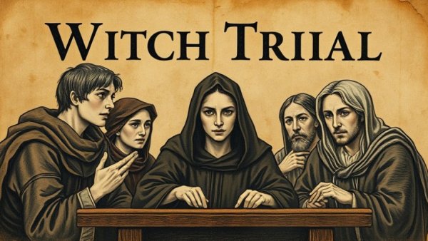 Vintage book cover depicting witch trial for 'The Life and Times of Sarah Good, Accused Witch'.