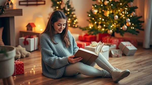 Cozy reading under Christmas tree, holiday season popular books 2025.