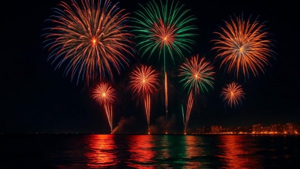 Colorful fireworks over ocean in Cabo during holidays.