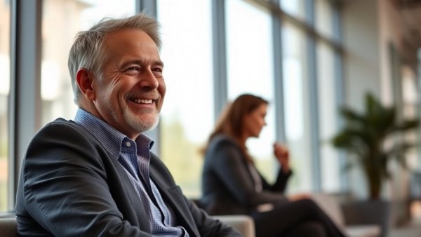 Smiling middle-aged man in modern office, natural light