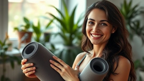 Confident woman holding yoga mat, cozy indoor setting, founder-friendly funding.