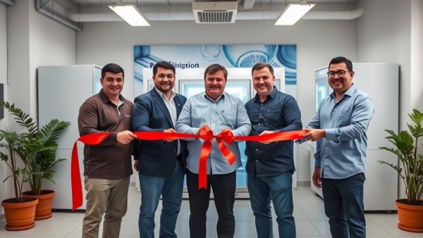 Ribbon cutting ceremony at a commercial refrigeration testing lab with five men.
