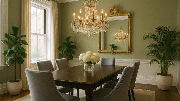 Elegant transitional dining room design in New York City with crystal chandelier.