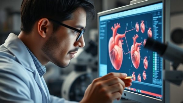 Scientist examines mini human heart organoid structures on screen in lab.
