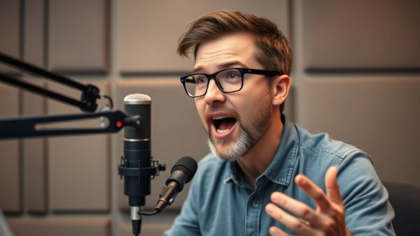 Casual speaker energetically discussing in podcast studio, investment fairness.