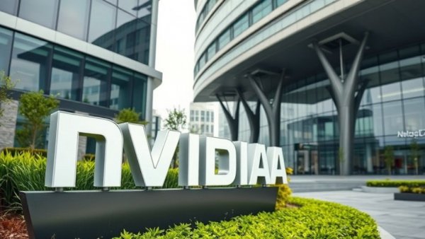 Futuristic Nvidia sign in modern architecture, SoftBank sells Nvidia stake.