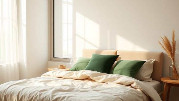 Neutral colors in bedroom design with beige linens.