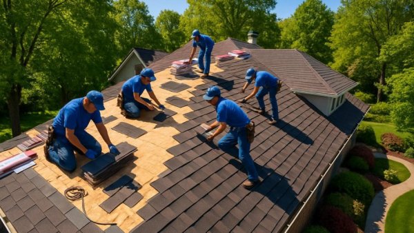 High-angle aerial view of house roof repairs highlighting insurance-covered damage