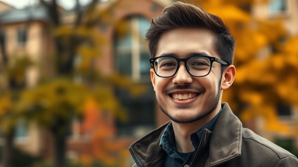 Young man smiling confidently outdoors with autumn trees.