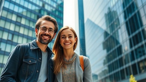 Two smiling men in front of skyscraper, symbolizing business growth capital.